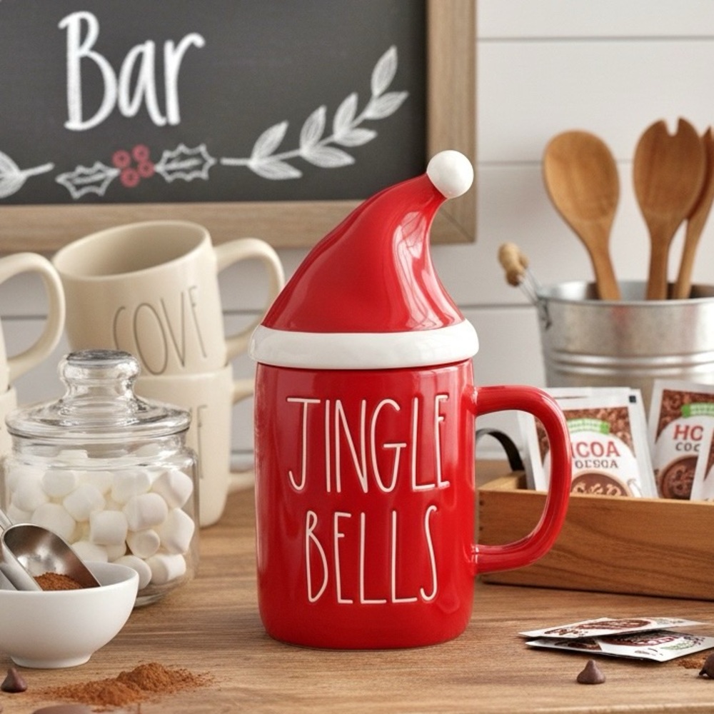 Rae Dunn Jingle Bells Red Mug with Santa Hat Lid NEW Holiday Christmas Cocoa